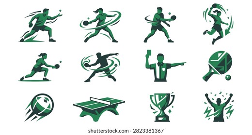 Flat design icons depicting table tennis players and equipment