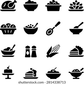Flat design icons depicting various food items and kitchen elements for culinary and recipe visuals