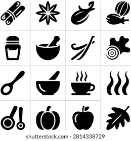 Flat design icons depicting various spices herbs cooking tools and food items with transparent background