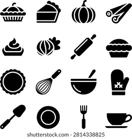 Flat design icons depicting various baking tools and delicious food items perfect for culinary websites or presentations