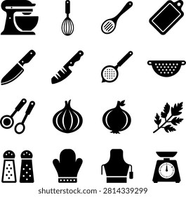 Flat design icons depicting various kitchen tools and ingredients for culinary and cooking purposes