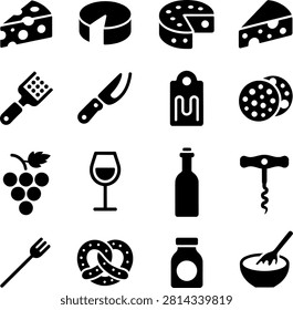 Flat design icons depicting various cheese types cheese tools wine grapes and cooking utensils for food presentation
