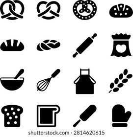 Flat design icons depicting various bread baking tools and baked goods with transparent background