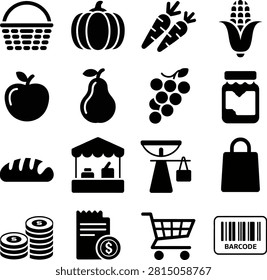 Flat design icons depicting various food items grocery shopping and market elements with transparent background