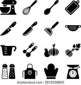 Flat design icons depicting various kitchen tools and cooking essentials for culinary and food related projects