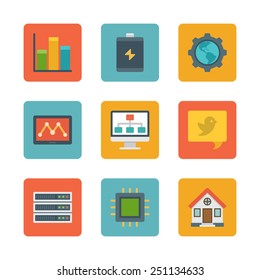 Flat design icons, Diagram Graph Statistics, Battery, Gear, Globe, Tablet Computer, Speech Bubble, House, Processor. Vector business symbols for website and promotion banners. 