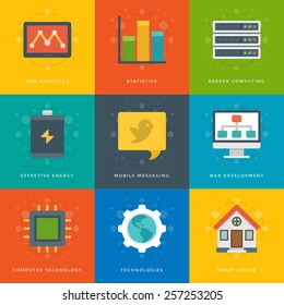 Flat design icons, Diagram Graph Statistics, Battery, Gear, Globe, Tablet Computer, Speech Bubble, House, Processor. Vector business symbols for website and promotion banners. 