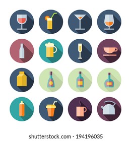 Flat Design Icons For Drinks. Vector illustration eps10, transparent shadows.