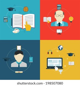 Flat design icons of education, online learning and research.