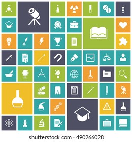 Flat design icons for education, science and medical. Vector illustration.