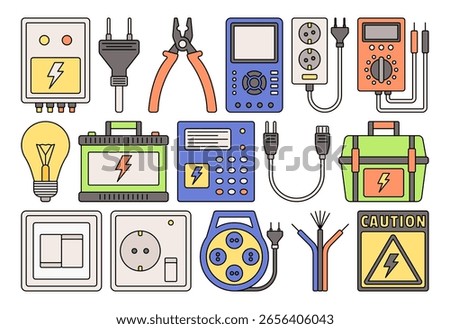 Flat design icons of electrical tools and supplies like plugs, cables, meters, and warning signs, perfect for design projects, infographics, or electrical-related visuals.