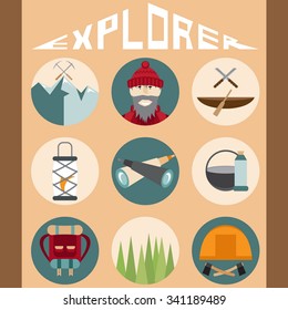flat design icons of explorer and elements of hike