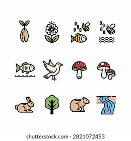 Flat design icons of fish bee rabbit tree mushroom and more