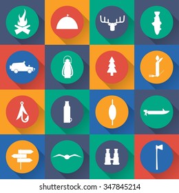 Flat Design Icons Of Fishing And Hunting Theme. Vector