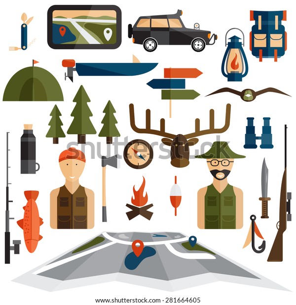 flat design\
icons of fishing and hunting\
theme