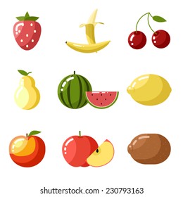 Flat design icons fresh fruit apple cherry watermelon kiwi strawberry lemon peach pear banana healthy food natural vitamins vector illustration