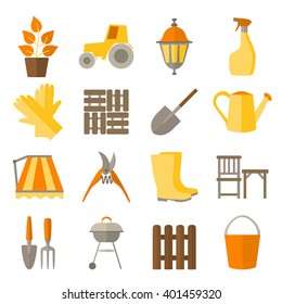 Flat design icons for gardening and plant care  include tools and DIY for garden. Set icons isolated on white.