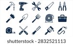 Flat design icons of hammers drills wrenches pliers and more tools