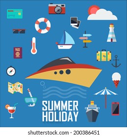 Flat design icons, holiday marine background