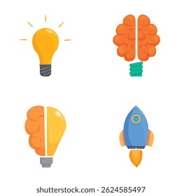 Iconos de diseño plano de una bombilla y el cerebro, incluyendo versiones fusionadas con un cohete para ideas innovadoras