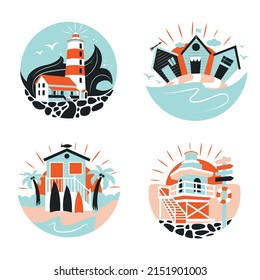 The flat design icons with lighthouses, beach huts, lifeguard houses, and palm trees. The set of Summer designs for stickers, logo designs, t-shirts, etc. The vector illustration