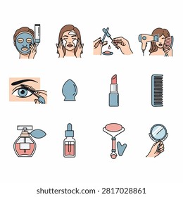 Flat design icons of makeup and grooming essentials in a row