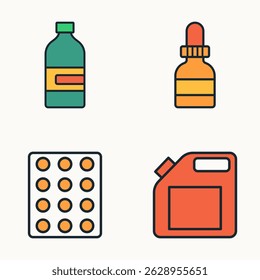 Flat design icons of medicine bottle, dropper bottle, blister pack, and red container in health theme
