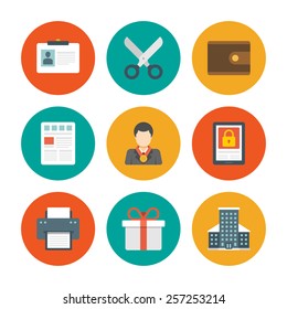 Flat design icons, Money Purse, Scissors, User Profile, Leader, Security, Printer, Gift Box, Skyscraper Building. Vector business symbols for website and promotion banners. 