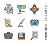 Flat design icons of office supplies and tools including folders files scissors pencil calculator and more