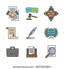 Flat design icons of office supplies and tools including folders files scissors pencil calculator and more