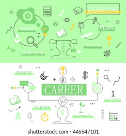 Flat Design Icons On Background-Vector Illustration,Graphic Design.For Web,Websites,Print,Apps,Presentation Templates,Mobile Applications And Promotional Materials.Book,Hat,Rocket.Thin Line Concept
