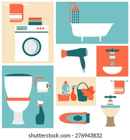 Flat design icons on a theme of bathroom, toilet, cleaning. Parts for infographics water flow.