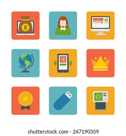Flat design icons, Online Banking, Laptop Computer, Support Woman, Screen, Mobile Phone, Crown, Globe, ATM Machine, USB, Gold Medal . Vector business symbols for website and promotion banners.