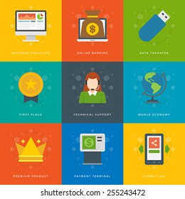 Flat design icons, Online Banking, Laptop Computer, Support Woman, Screen, Mobile Phone, Crown, Globe, ATM Machine, USB, Gold Medal . Vector business symbols for website and promotion banners.