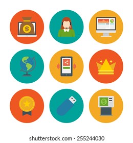 Flat design icons, Online Banking, Laptop Computer, Support Woman, Screen, Mobile Phone, Crown, Globe, ATM Machine, USB, Gold Medal . Vector business symbols for website and promotion banners.