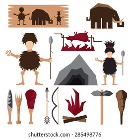 flat design icons of paleo food and caveman theme