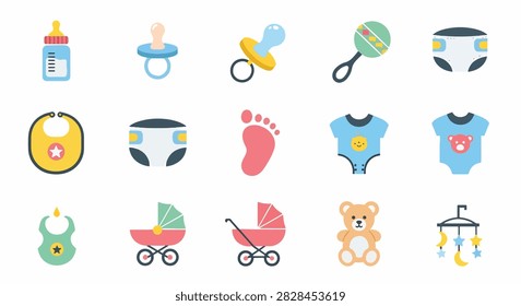 Flat design icons representing different types of transportation and vehicles in bright colors