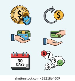 Flat design icons representing money transactions and financial concepts