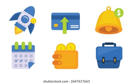 Flat design icons representing a rocket, credit card, wallet, calendar, briefcase, and bell, all themed around business, finance, growth, and productivity