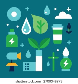 Flat design icons representing sustainability and renewable energy