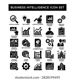 Flat design icons representing various business intelligence concepts and analytics tools