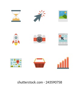 Flat design icons, Sand Clock, Arrow Cursor, Gallery, Startup Rocket, Photo Camera, Online Shop, Map pointer, Shop Basket, Graph Chart. Vector business symbols for website and promotion banners. 