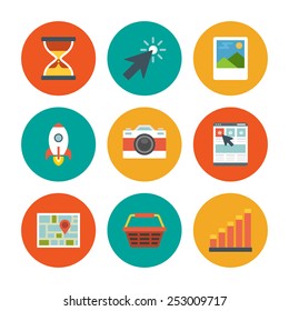 Flat design icons, Sand Clock, Arrow Cursor, Gallery, Startup Rocket, Photo Camera, Online Shop, Map pointer, Shop Basket, Graph Chart. Vector business symbols for website and promotion banners.