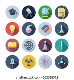 Flat Design Icons For Science and Education. Vector illustration eps10, transparent shadows.
