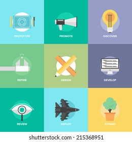 Flat design icons set of creative design process, web product development, studio technical service, prototype engineering, marketing promotion and success ideas. Modern vector illustration concept.