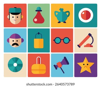 Flat Design Icons Set Depicting Diverse Objects and People.