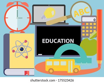 Flat design icons set education concept school objects with teaching and learning symbols in vector