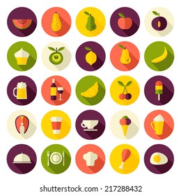 Conjunto de iconos de diseño plano para alimentos y bebidas