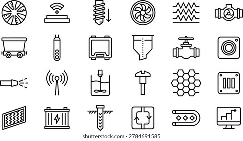 Flat design icons set of industrial machinery, tools, and equipment for manufacturing and factory illustrations.