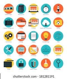 Flat design icons set modern style vector illustration concept of responsive design web interface, website analytics, search engine optimization, html coding webpage wireframe and prototyping elements